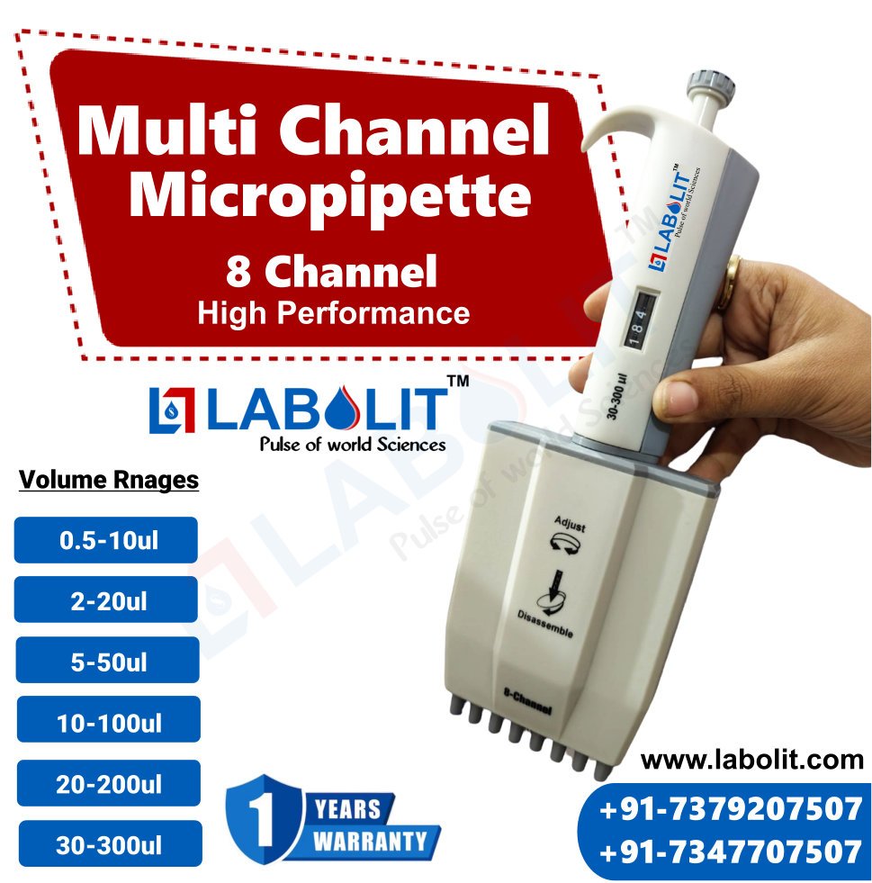 Multi Channel Micropipettes 8 Channel Micropipette: 0.5–10 µL, 30–300 µL 12 Channel Micropipette: 30–300 µL brand labolit