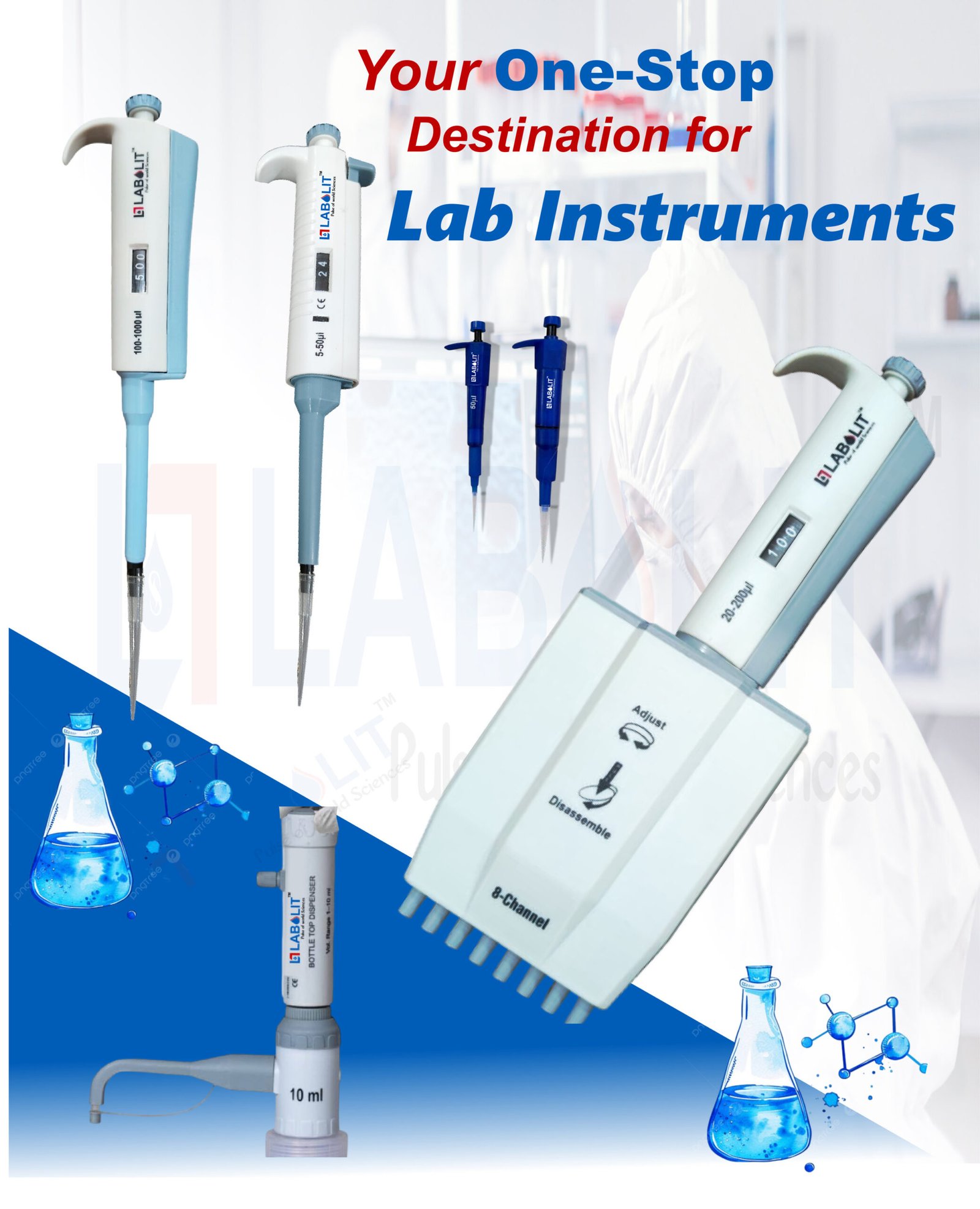 micropipette Labolit ,Micropipettes, Liquid Handling Systems, Bottle Top Dispensers, Single-Channel Micropipettes, Multi-Channel Micropipettes, Mini Pipettes