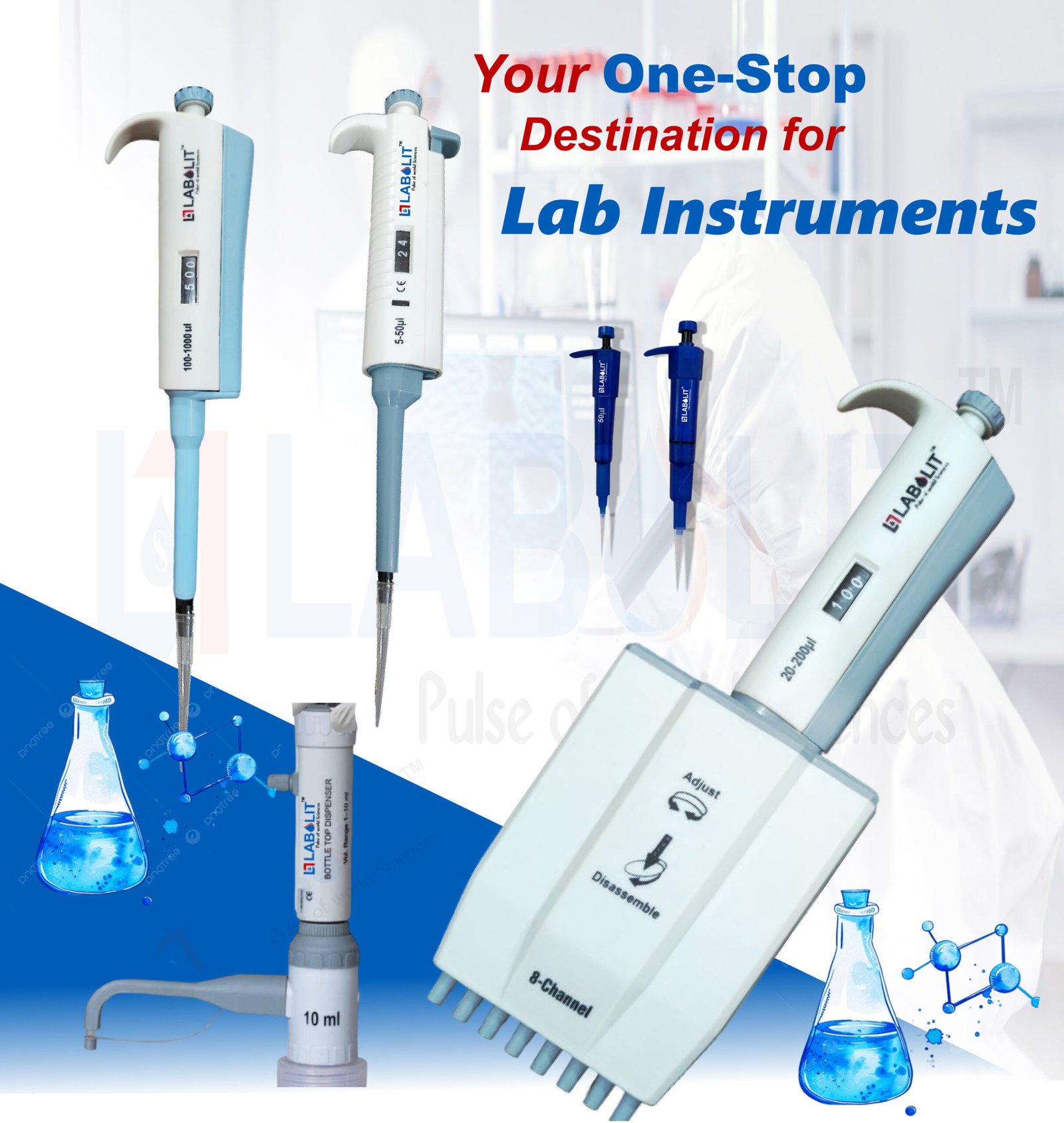 micropipette Labolit ,Micropipettes, Liquid Handling Systems, Bottle Top Dispensers, Single-Channel Micropipettes, Multi-Channel Micropipettes, Mini Pipettes
